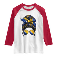 Bosnian Girl Messy Bun Flag Bandana Woman Graphic Raglan Shirt Bosnia Herzegovina Pride