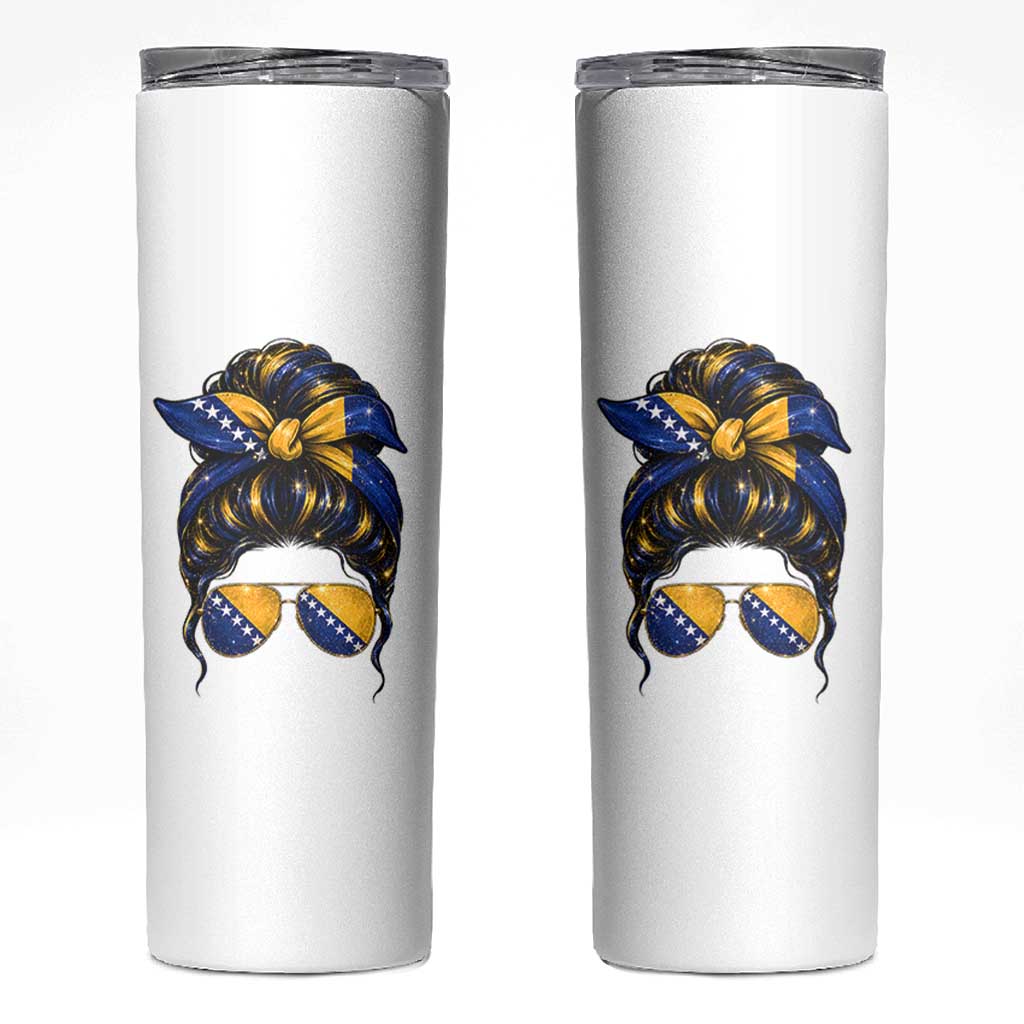 Bosnian Girl Messy Bun Flag Bandana Woman Graphic Skinny Tumbler Bosnia Herzegovina Pride