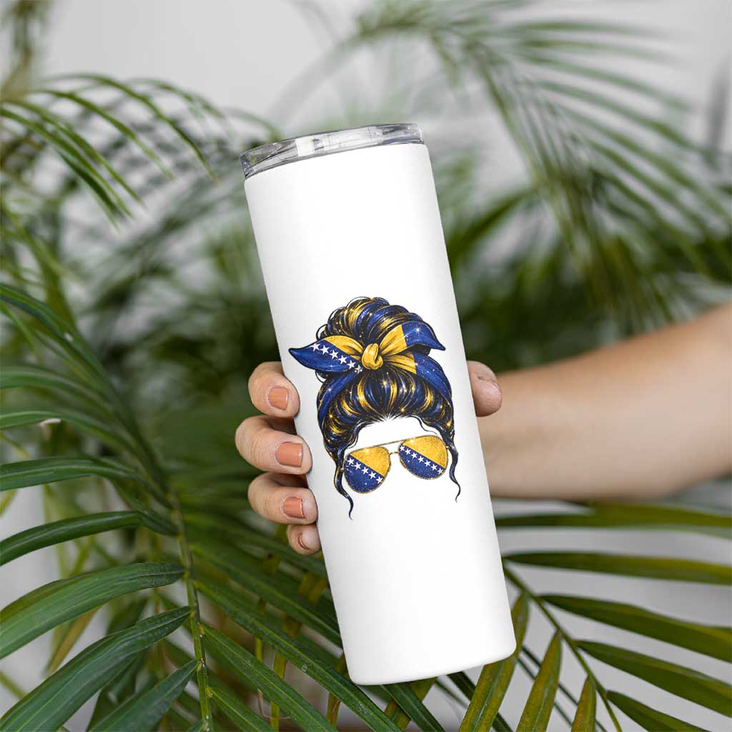 Bosnian Girl Messy Bun Flag Bandana Woman Graphic Skinny Tumbler Bosnia Herzegovina Pride