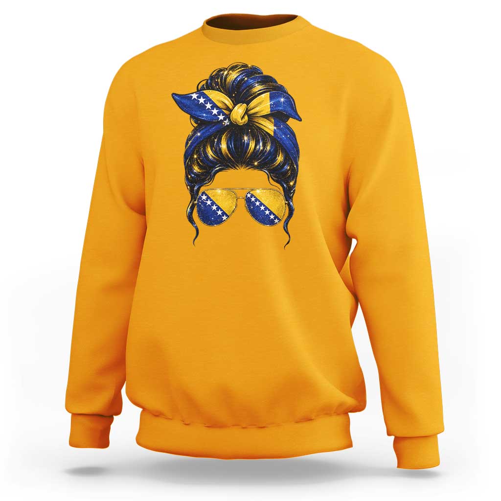 Bosnian Girl Messy Bun Flag Bandana Woman Graphic Sweatshirt Bosnia Herzegovina Pride