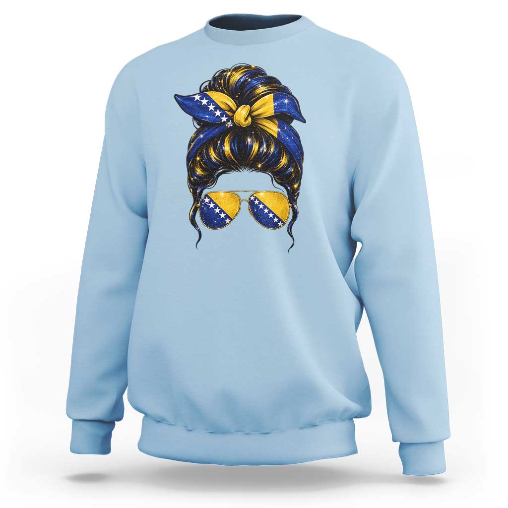 Bosnian Girl Messy Bun Flag Bandana Woman Graphic Sweatshirt Bosnia Herzegovina Pride
