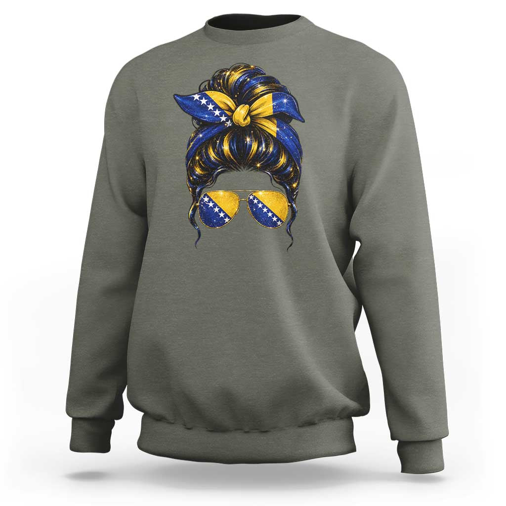 Bosnian Girl Messy Bun Flag Bandana Woman Graphic Sweatshirt Bosnia Herzegovina Pride