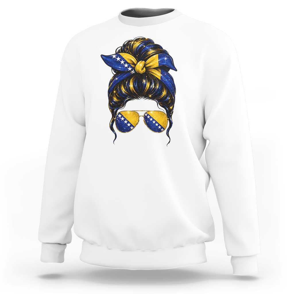 Bosnian Girl Messy Bun Flag Bandana Woman Graphic Sweatshirt Bosnia Herzegovina Pride