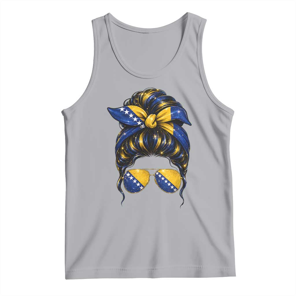 Bosnian Girl Messy Bun Flag Bandana Woman Graphic Tank Top Bosnia Herzegovina Pride