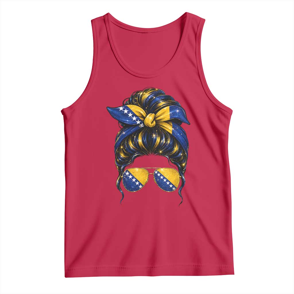 Bosnian Girl Messy Bun Flag Bandana Woman Graphic Tank Top Bosnia Herzegovina Pride