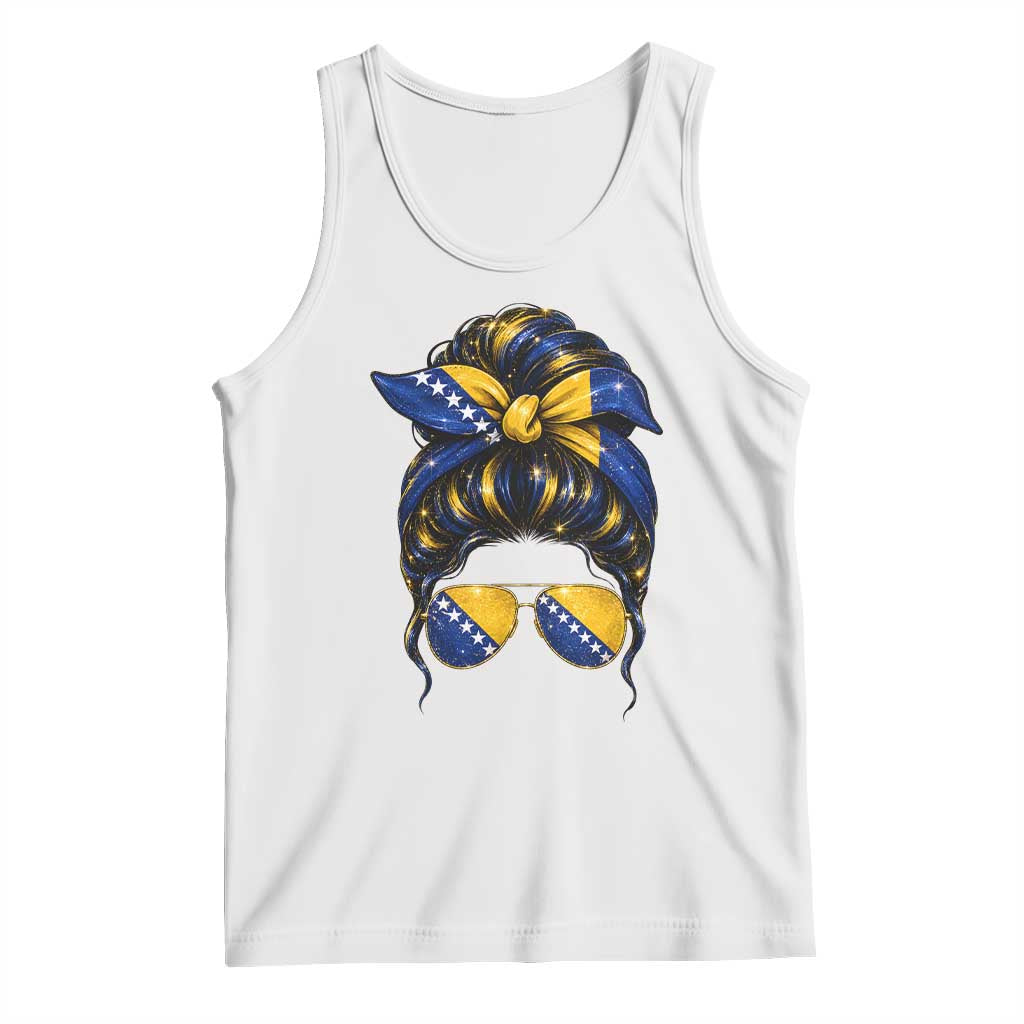 Bosnian Girl Messy Bun Flag Bandana Woman Graphic Tank Top Bosnia Herzegovina Pride