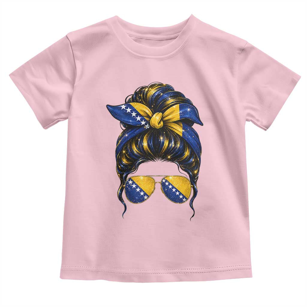 Bosnian Girl Messy Bun Flag Bandana Woman Graphic Toddler T Shirt Bosnia Herzegovina Pride