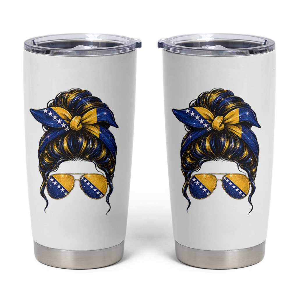 Bosnian Girl Messy Bun Flag Bandana Woman Graphic Tumbler Cup Bosnia Herzegovina Pride