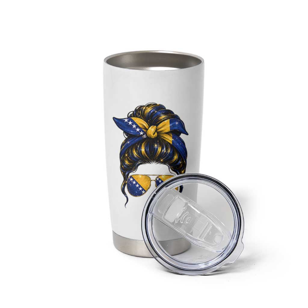 Bosnian Girl Messy Bun Flag Bandana Woman Graphic Tumbler Cup Bosnia Herzegovina Pride