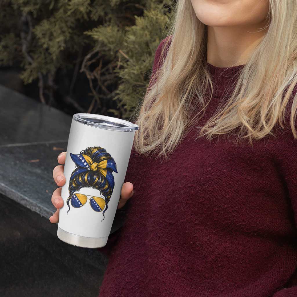 Bosnian Girl Messy Bun Flag Bandana Woman Graphic Tumbler Cup Bosnia Herzegovina Pride