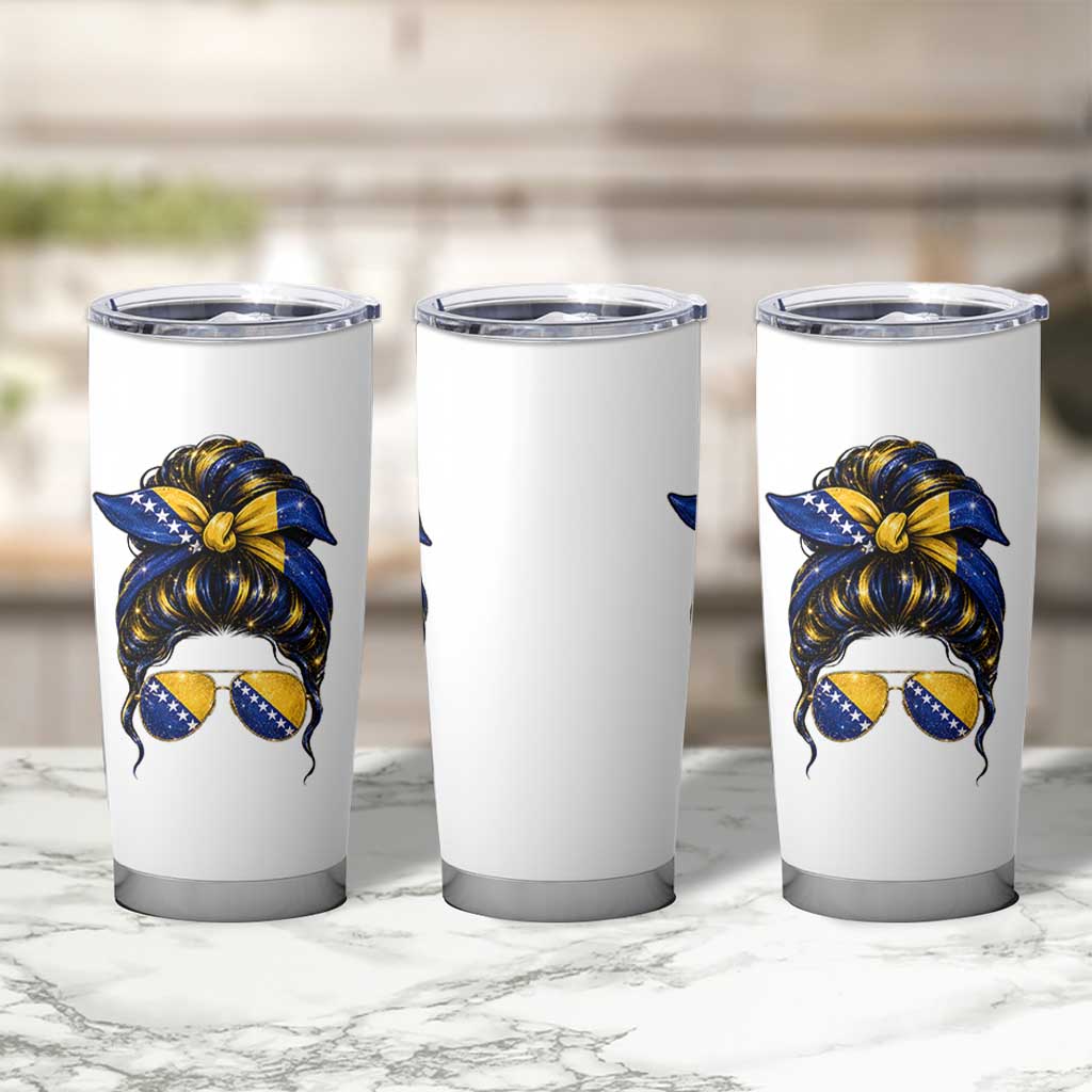 Bosnian Girl Messy Bun Flag Bandana Woman Graphic Tumbler Cup Bosnia Herzegovina Pride