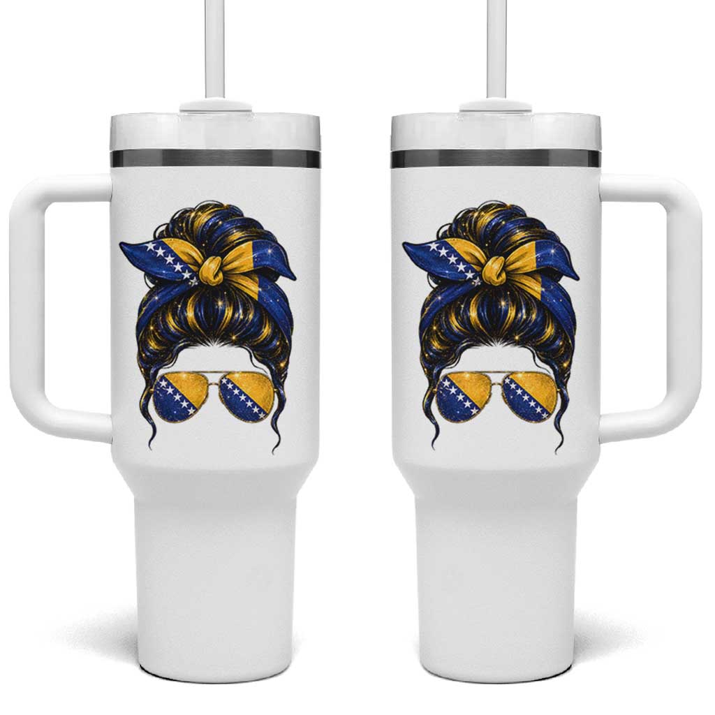 Bosnian Girl Messy Bun Flag Bandana Woman Graphic Tumbler With Handle Bosnia Herzegovina Pride