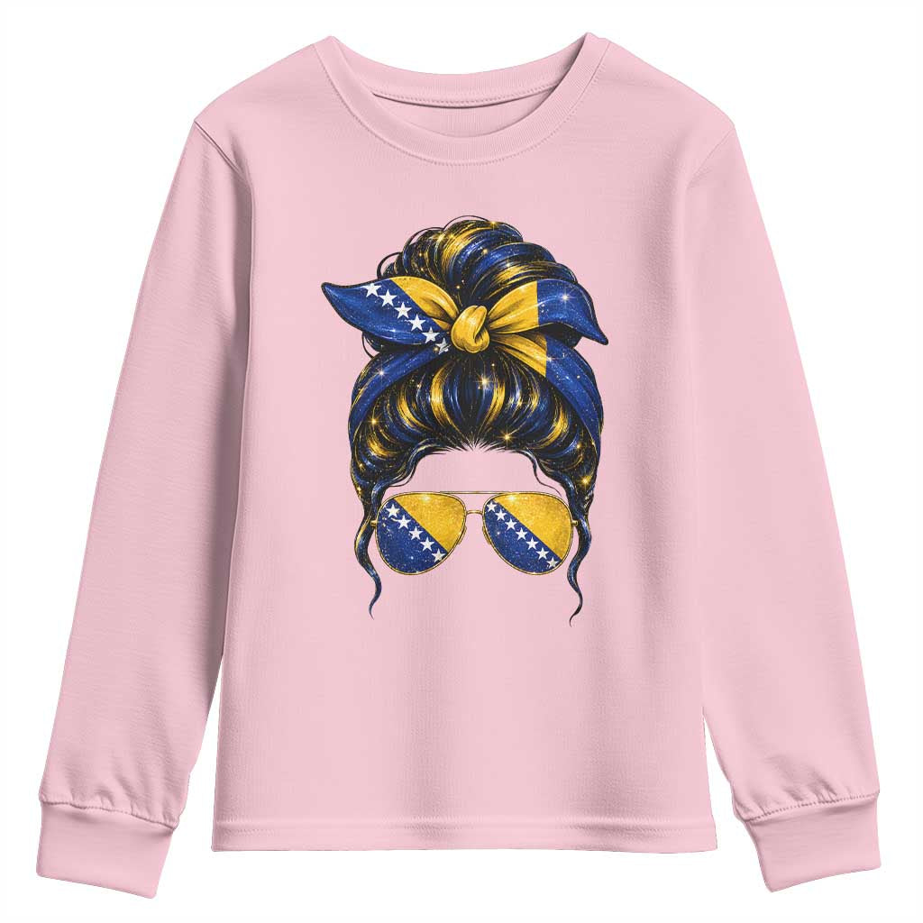 Bosnian Girl Messy Bun Flag Bandana Woman Graphic Youth Sweatshirt Bosnia Herzegovina Pride