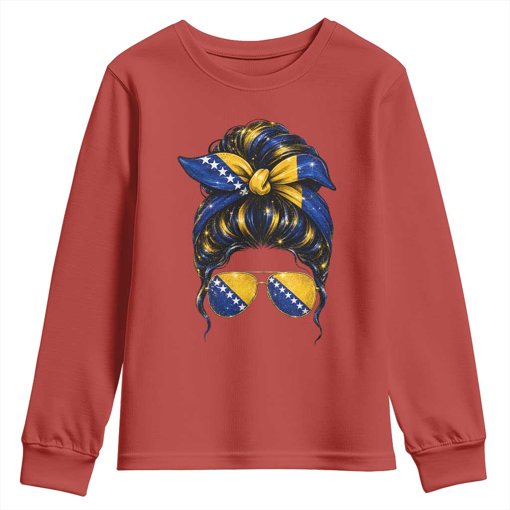 Bosnian Girl Messy Bun Flag Bandana Woman Graphic Youth Sweatshirt Bosnia Herzegovina Pride
