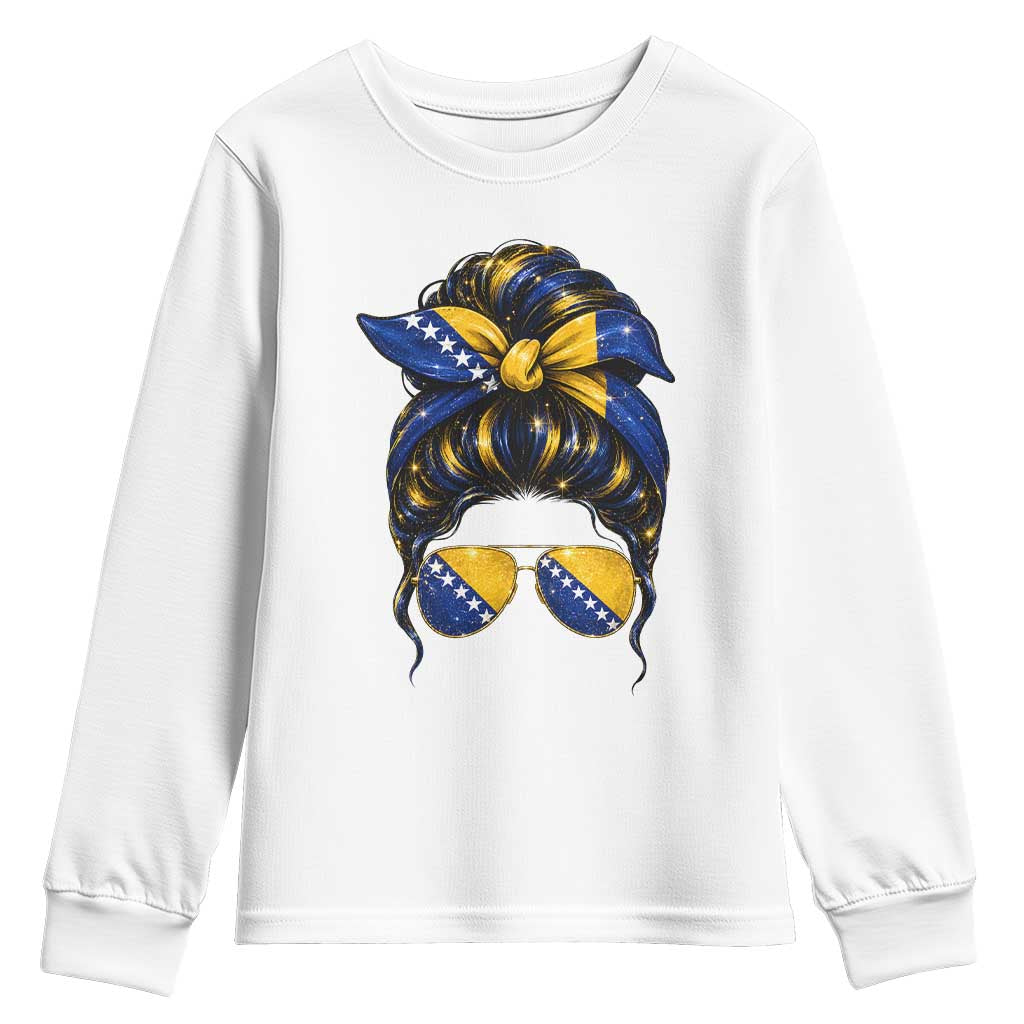 Bosnian Girl Messy Bun Flag Bandana Woman Graphic Youth Sweatshirt Bosnia Herzegovina Pride
