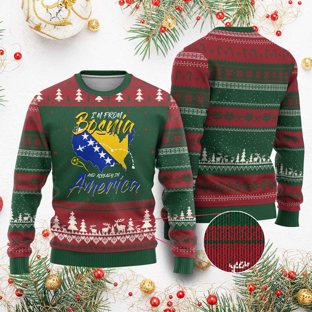 From Bosnia and Already in America Ugly Christmas Sweater Bosnian Soccer Fan Travel Bosnia Herzegovina Pride