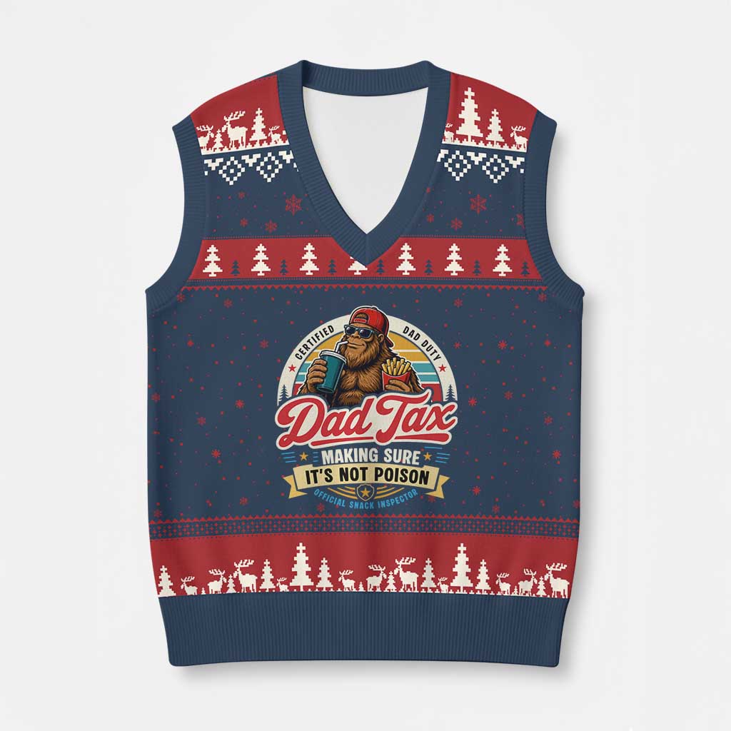 Funny Dad Tax Certified Dad Duty Bigfoot V-Neck Knit Sweater Vest Vintage Sasquatch Official Snack Inspector
