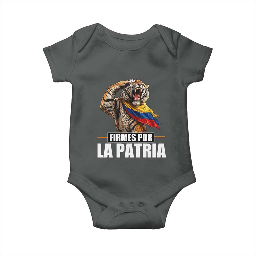 Firmes Por La Patria Colombian Pride Baby Onesie Roaring Saluting Tiger Patriotic Colombia Heritage Flag