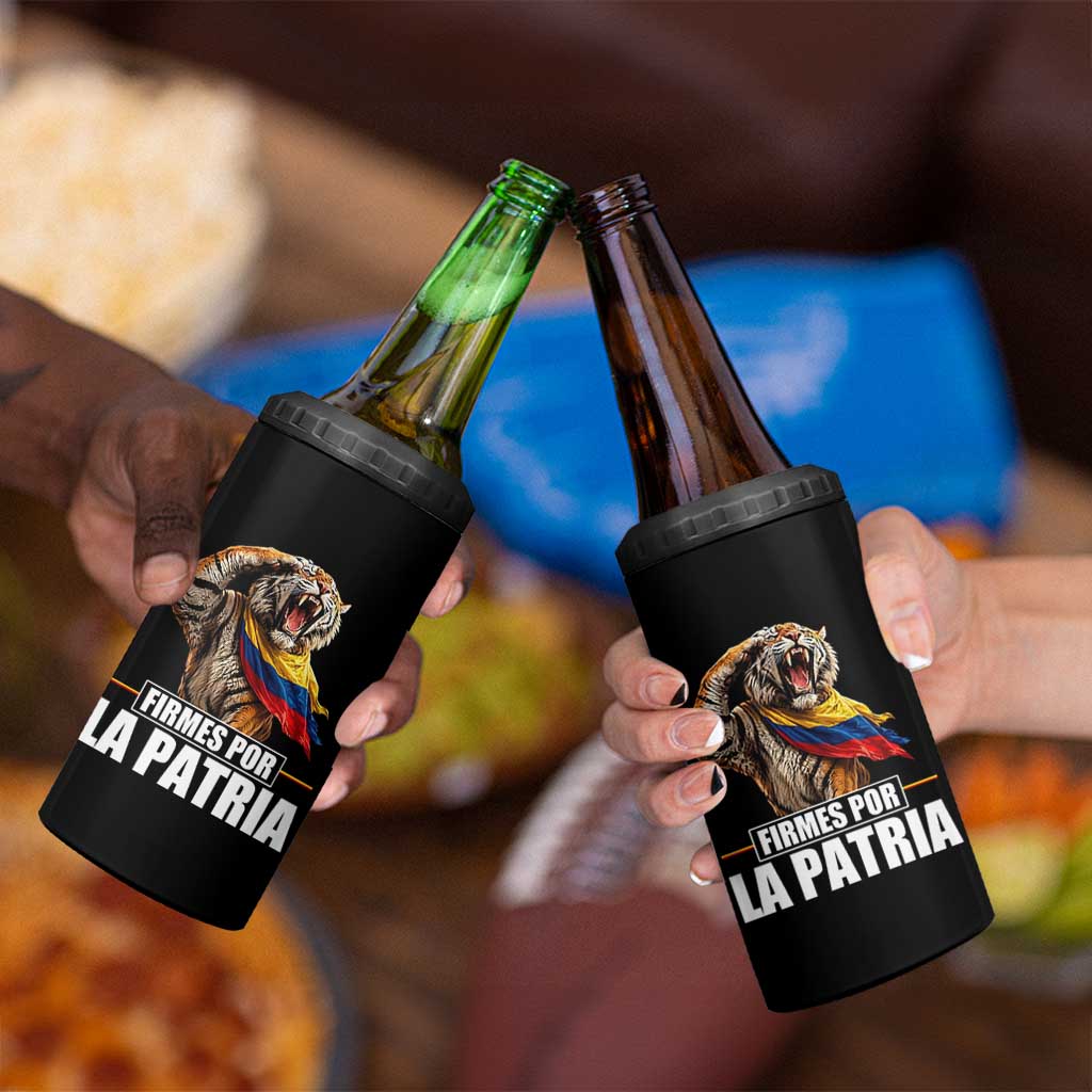 Firmes Por La Patria Colombian Pride 4 in 1 Can Cooler Tumbler Roaring Saluting Tiger Patriotic Colombia Heritage Flag