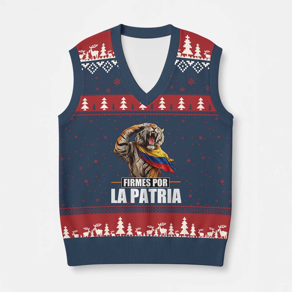 Firmes Por La Patria Colombian Pride V-Neck Knit Sweater Vest Roaring Saluting Tiger Patriotic Colombia Heritage Flag
