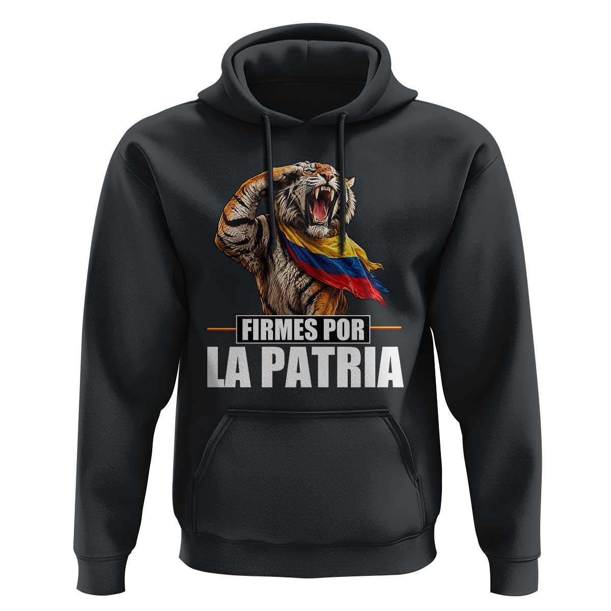 Firmes Por La Patria Colombian Pride Hoodie Roaring Saluting Tiger Patriotic Colombia Heritage Flag