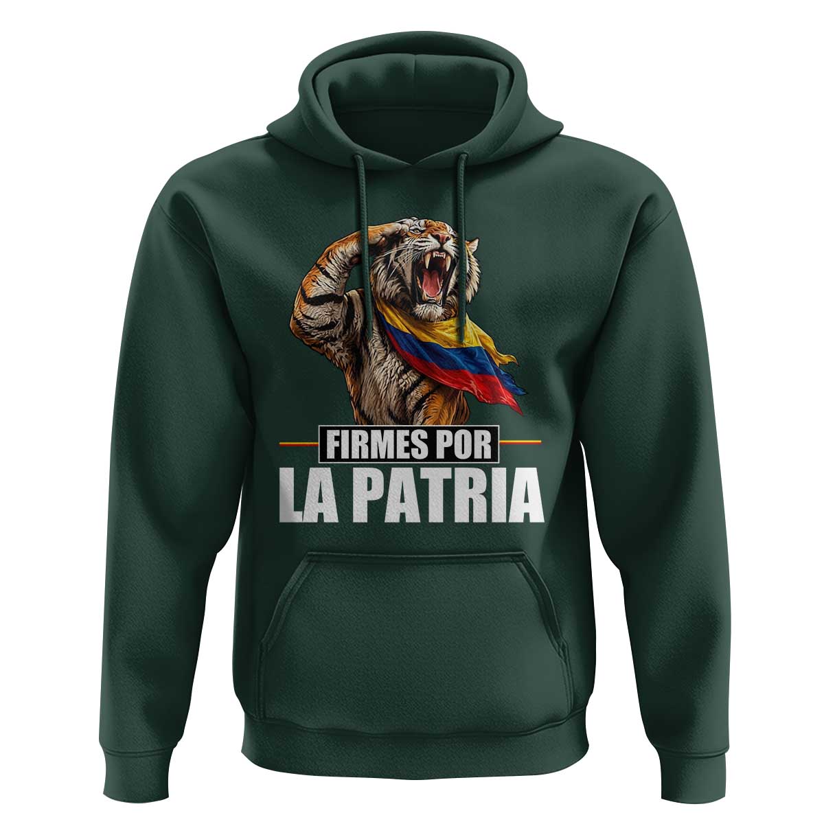 Firmes Por La Patria Colombian Pride Hoodie Roaring Saluting Tiger Patriotic Colombia Heritage Flag