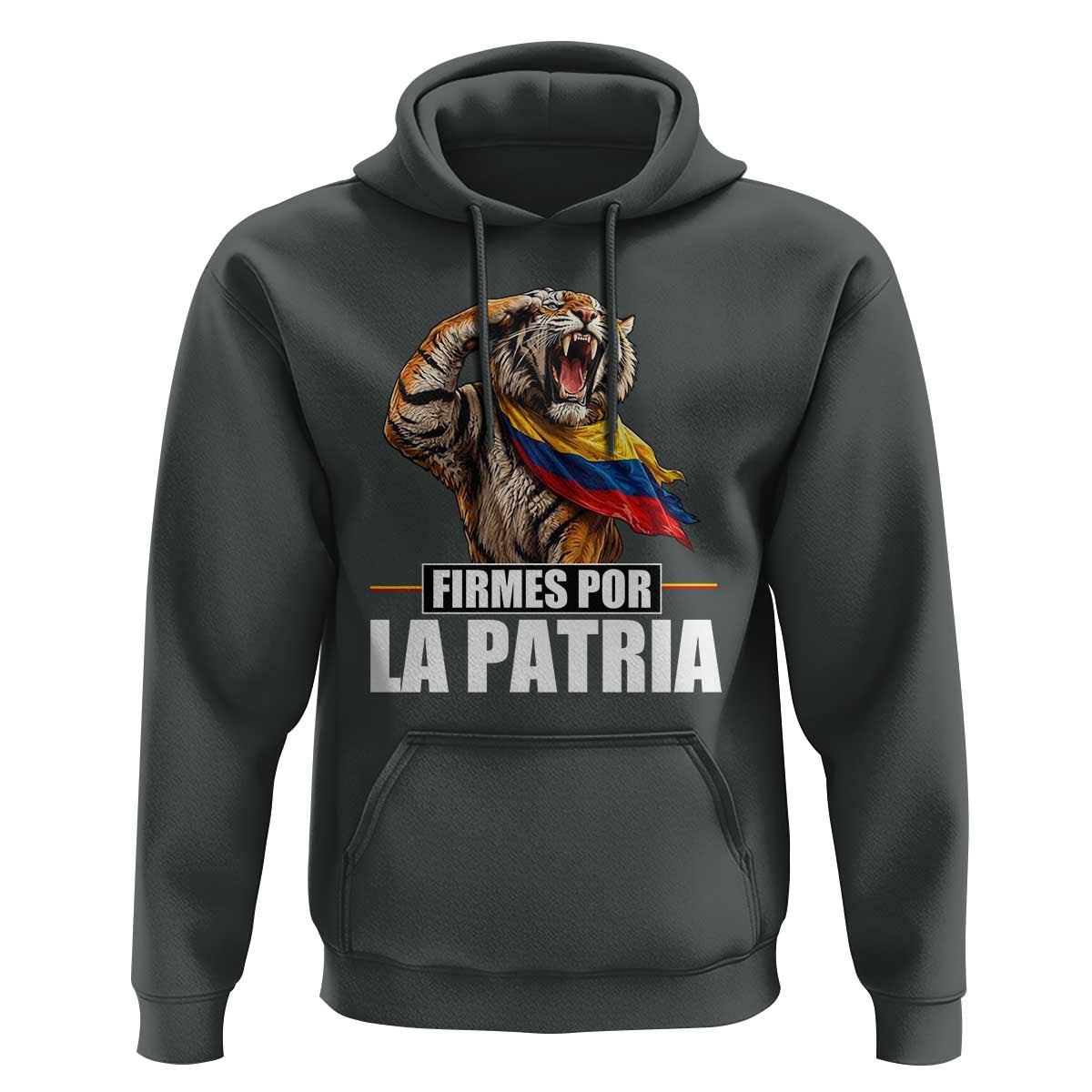 Firmes Por La Patria Colombian Pride Hoodie Roaring Saluting Tiger Patriotic Colombia Heritage Flag