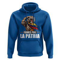 Firmes Por La Patria Colombian Pride Hoodie Roaring Saluting Tiger Patriotic Colombia Heritage Flag