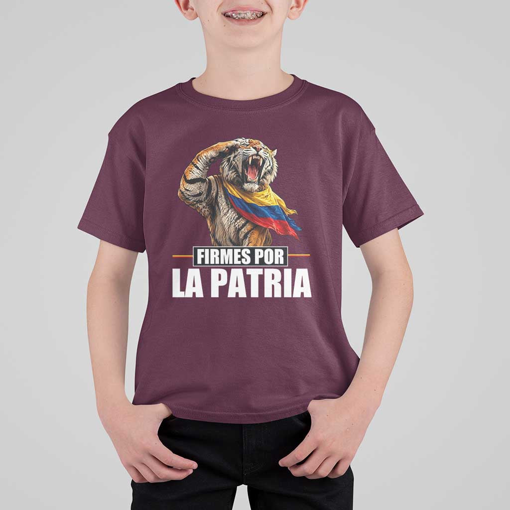 Firmes Por La Patria Colombian Pride T Shirt For Kid Roaring Saluting Tiger Patriotic Colombia Heritage Flag