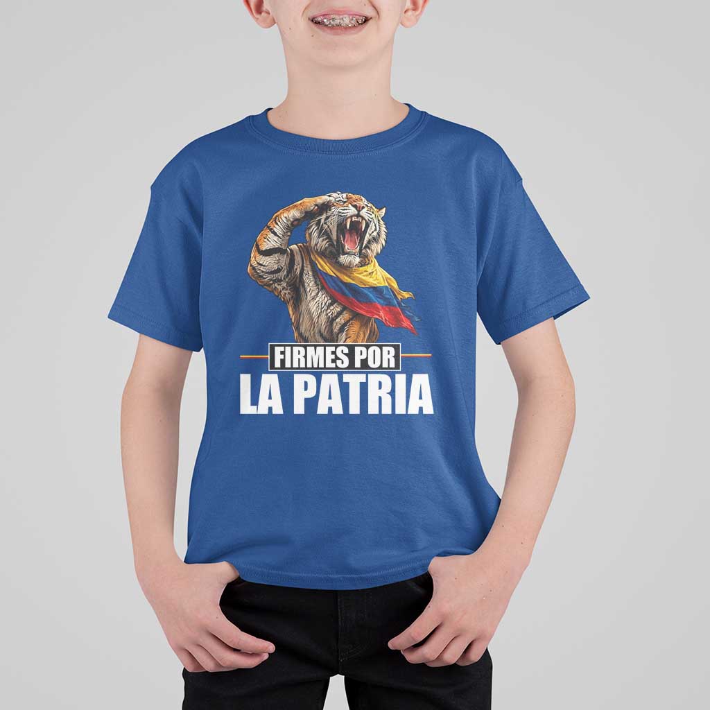 Firmes Por La Patria Colombian Pride T Shirt For Kid Roaring Saluting Tiger Patriotic Colombia Heritage Flag