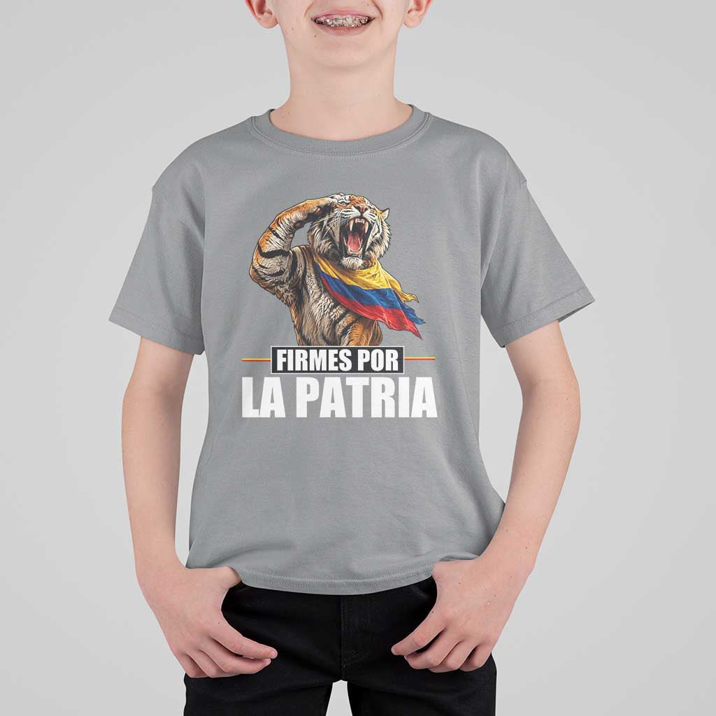 Firmes Por La Patria Colombian Pride T Shirt For Kid Roaring Saluting Tiger Patriotic Colombia Heritage Flag
