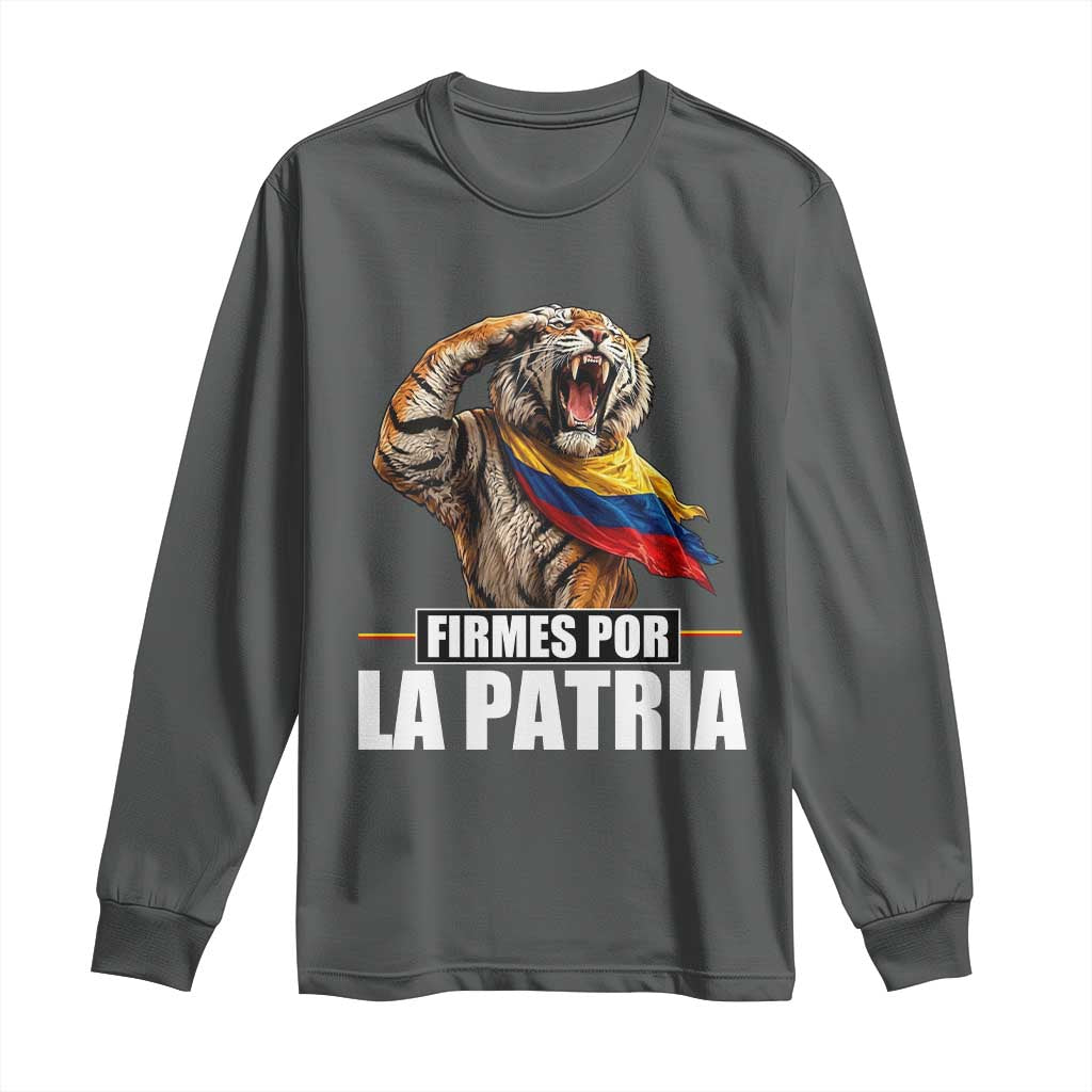 Firmes Por La Patria Colombian Pride Long Sleeve Shirt Roaring Saluting Tiger Patriotic Colombia Heritage Flag