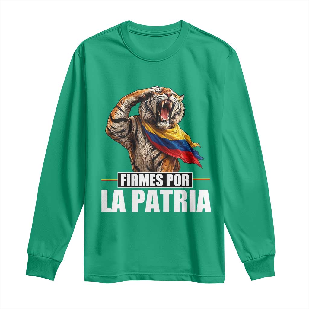Firmes Por La Patria Colombian Pride Long Sleeve Shirt Roaring Saluting Tiger Patriotic Colombia Heritage Flag
