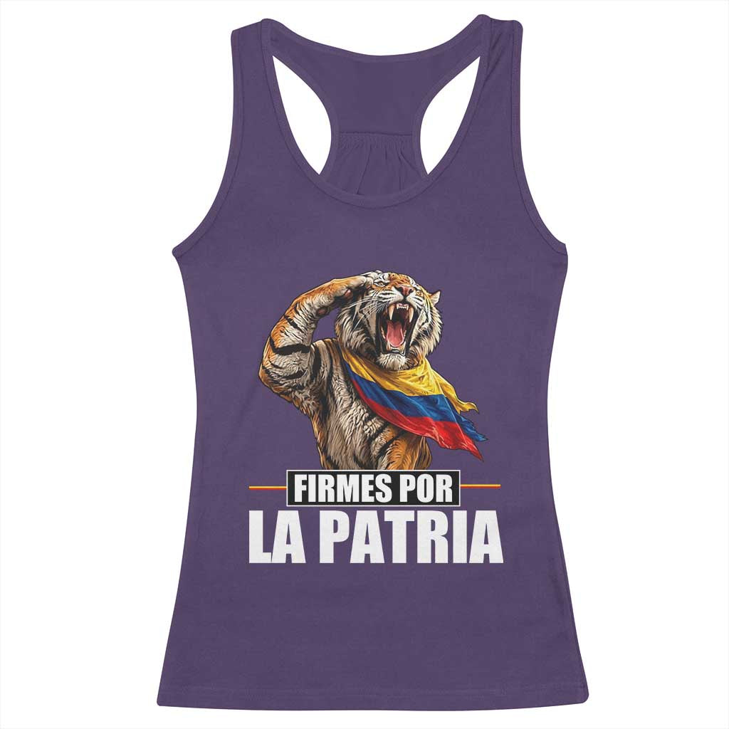 Firmes Por La Patria Colombian Pride Racerback Tank Top Roaring Saluting Tiger Patriotic Colombia Heritage Flag