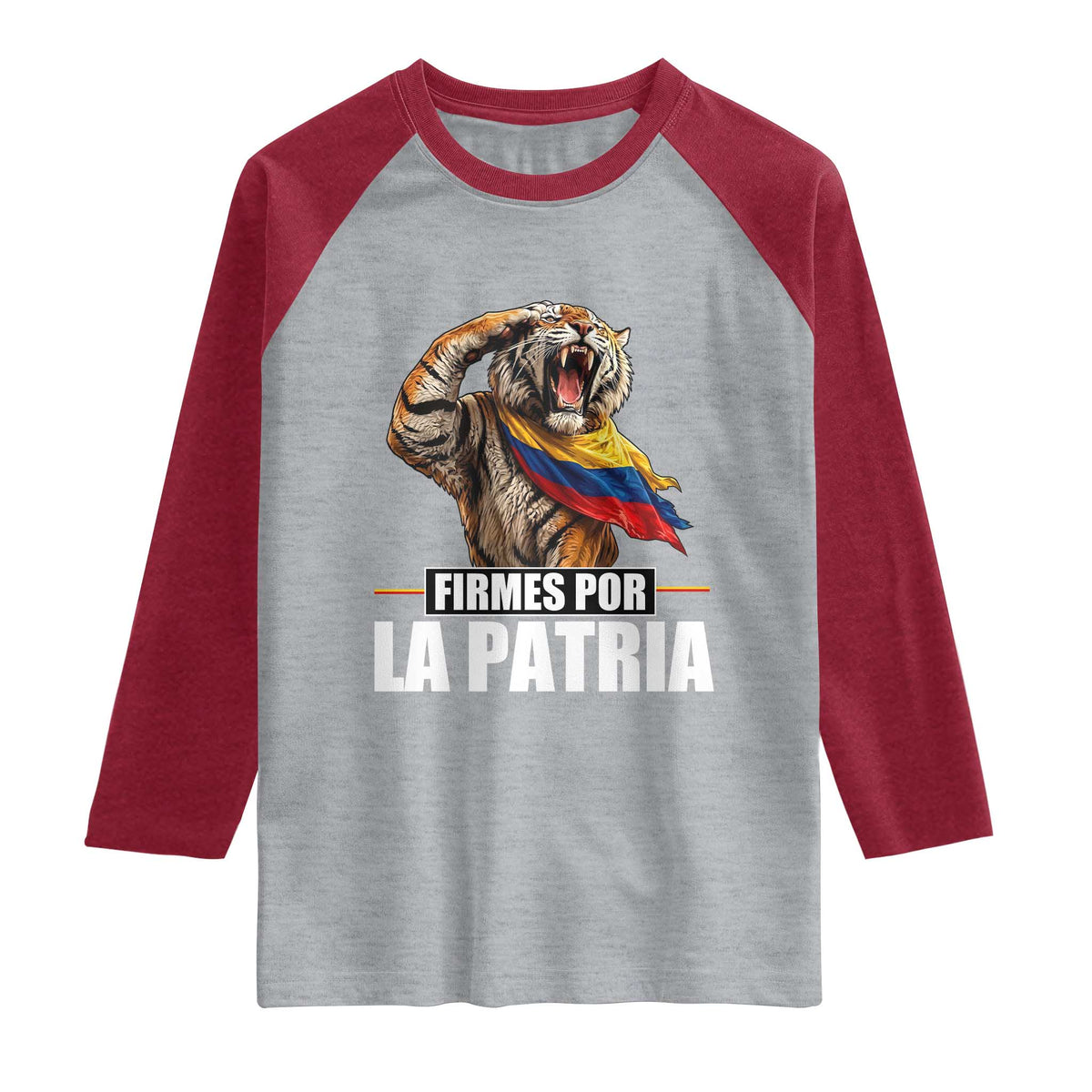 Firmes Por La Patria Colombian Pride Raglan Shirt Roaring Saluting Tiger Patriotic Colombia Heritage Flag