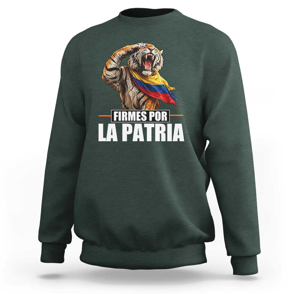 Firmes Por La Patria Colombian Pride Sweatshirt Roaring Saluting Tiger Patriotic Colombia Heritage Flag