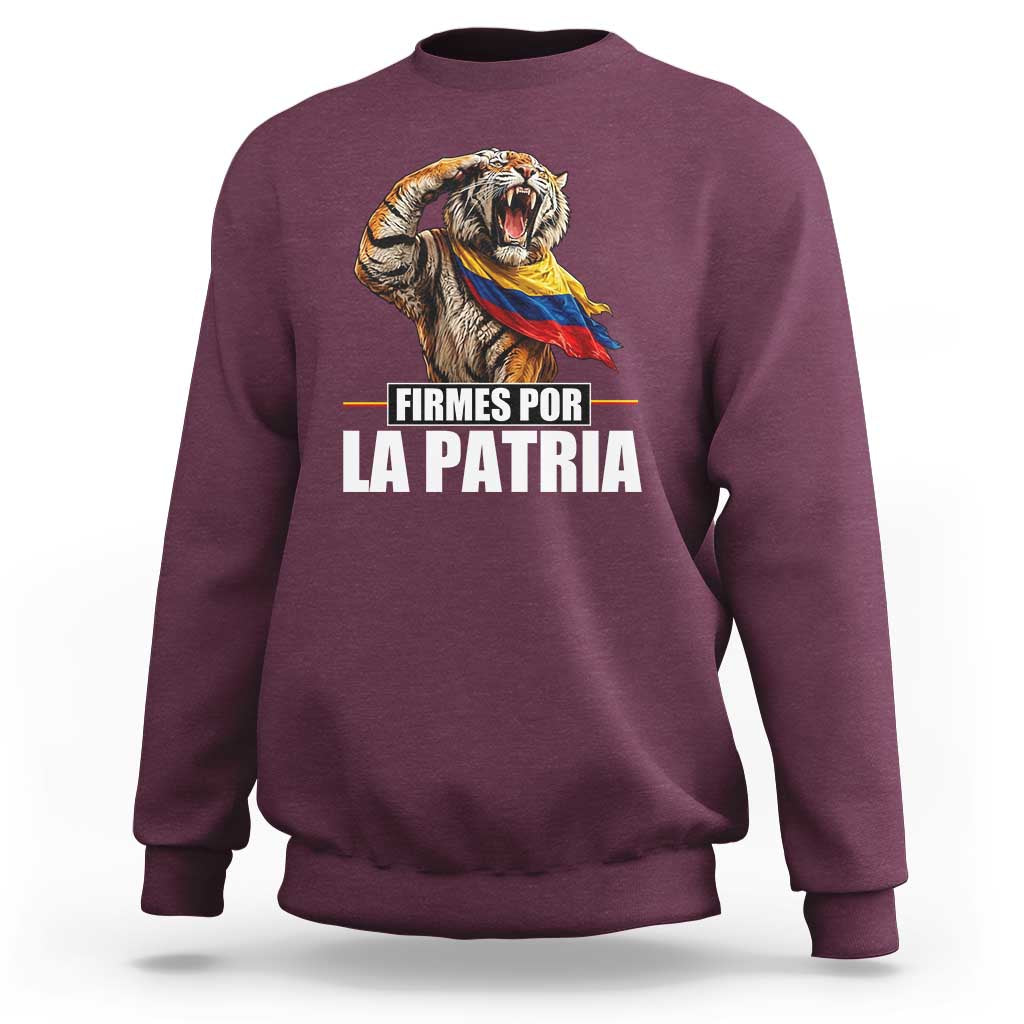 Firmes Por La Patria Colombian Pride Sweatshirt Roaring Saluting Tiger Patriotic Colombia Heritage Flag
