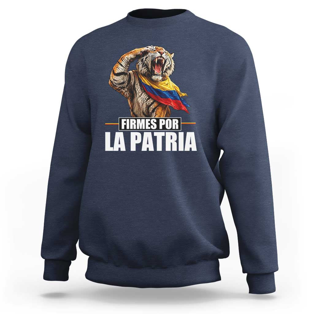 Firmes Por La Patria Colombian Pride Sweatshirt Roaring Saluting Tiger Patriotic Colombia Heritage Flag