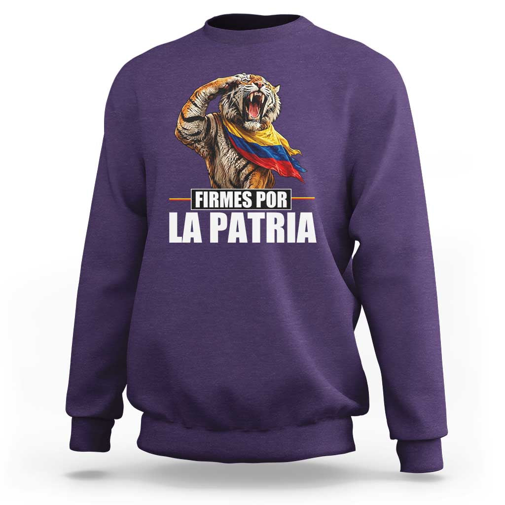 Firmes Por La Patria Colombian Pride Sweatshirt Roaring Saluting Tiger Patriotic Colombia Heritage Flag
