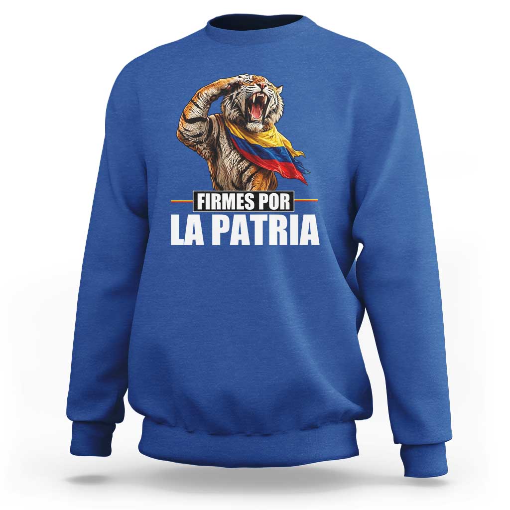 Firmes Por La Patria Colombian Pride Sweatshirt Roaring Saluting Tiger Patriotic Colombia Heritage Flag