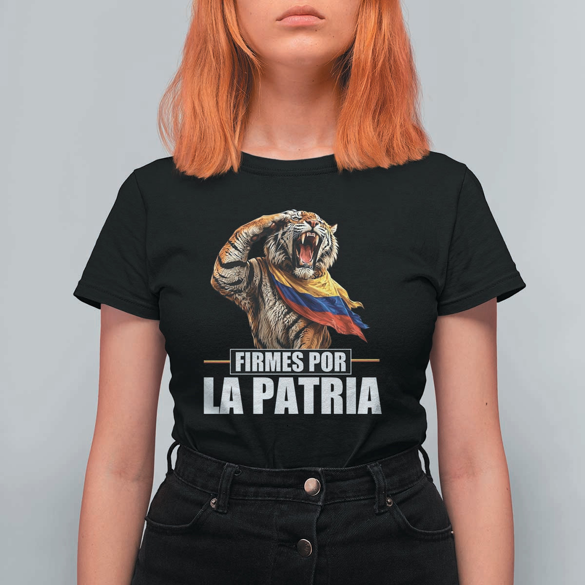 Firmes Por La Patria Colombian Pride T Shirt For Women Roaring Saluting Tiger Patriotic Colombia Heritage Flag