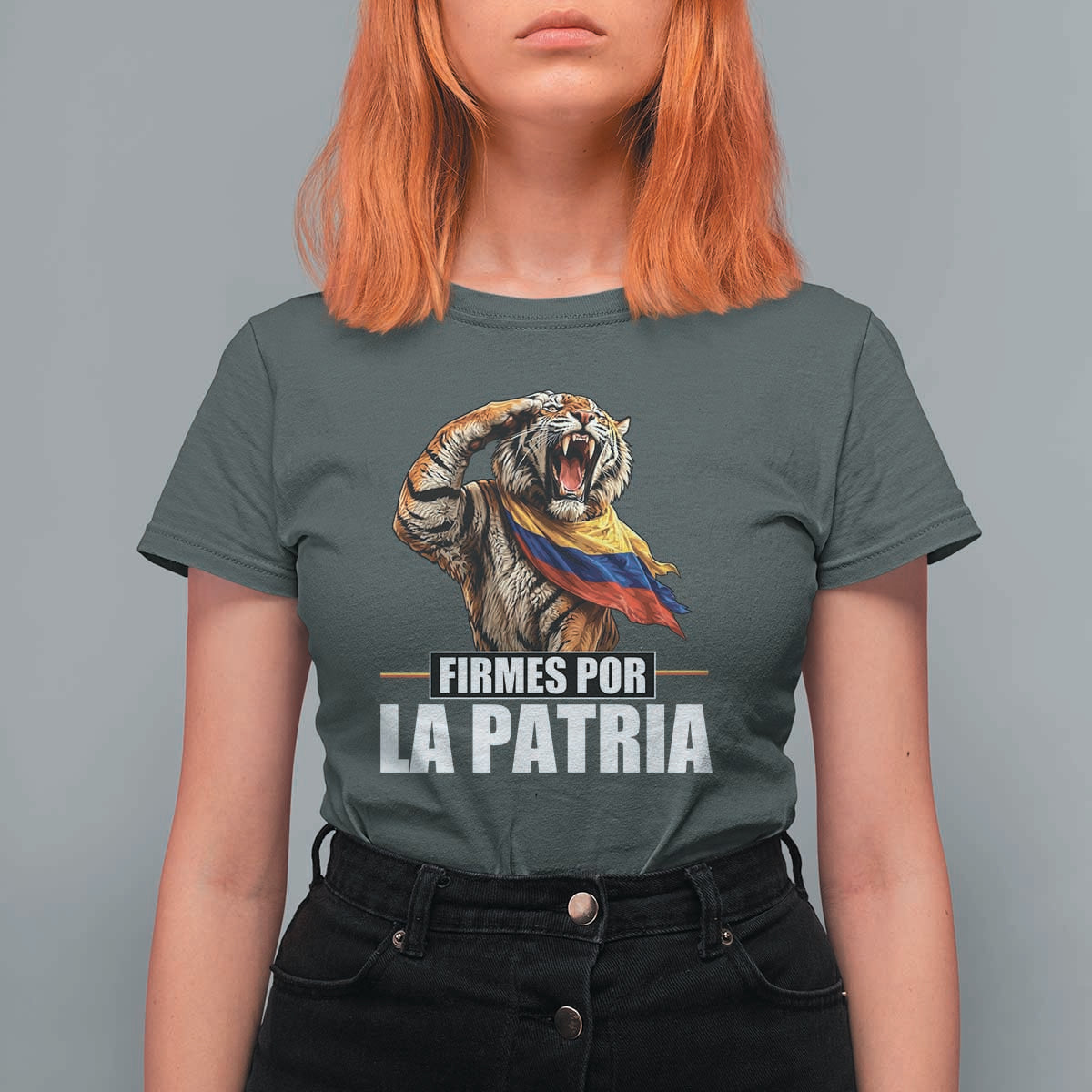 Firmes Por La Patria Colombian Pride T Shirt For Women Roaring Saluting Tiger Patriotic Colombia Heritage Flag