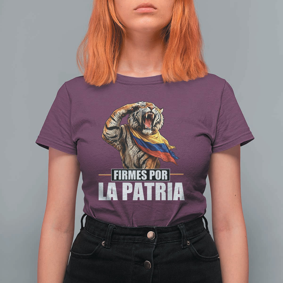 Firmes Por La Patria Colombian Pride T Shirt For Women Roaring Saluting Tiger Patriotic Colombia Heritage Flag