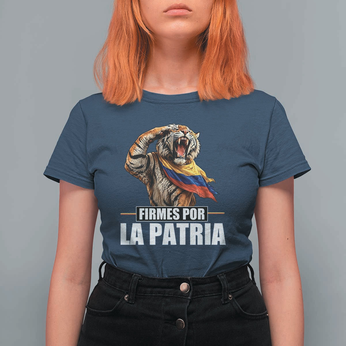 Firmes Por La Patria Colombian Pride T Shirt For Women Roaring Saluting Tiger Patriotic Colombia Heritage Flag