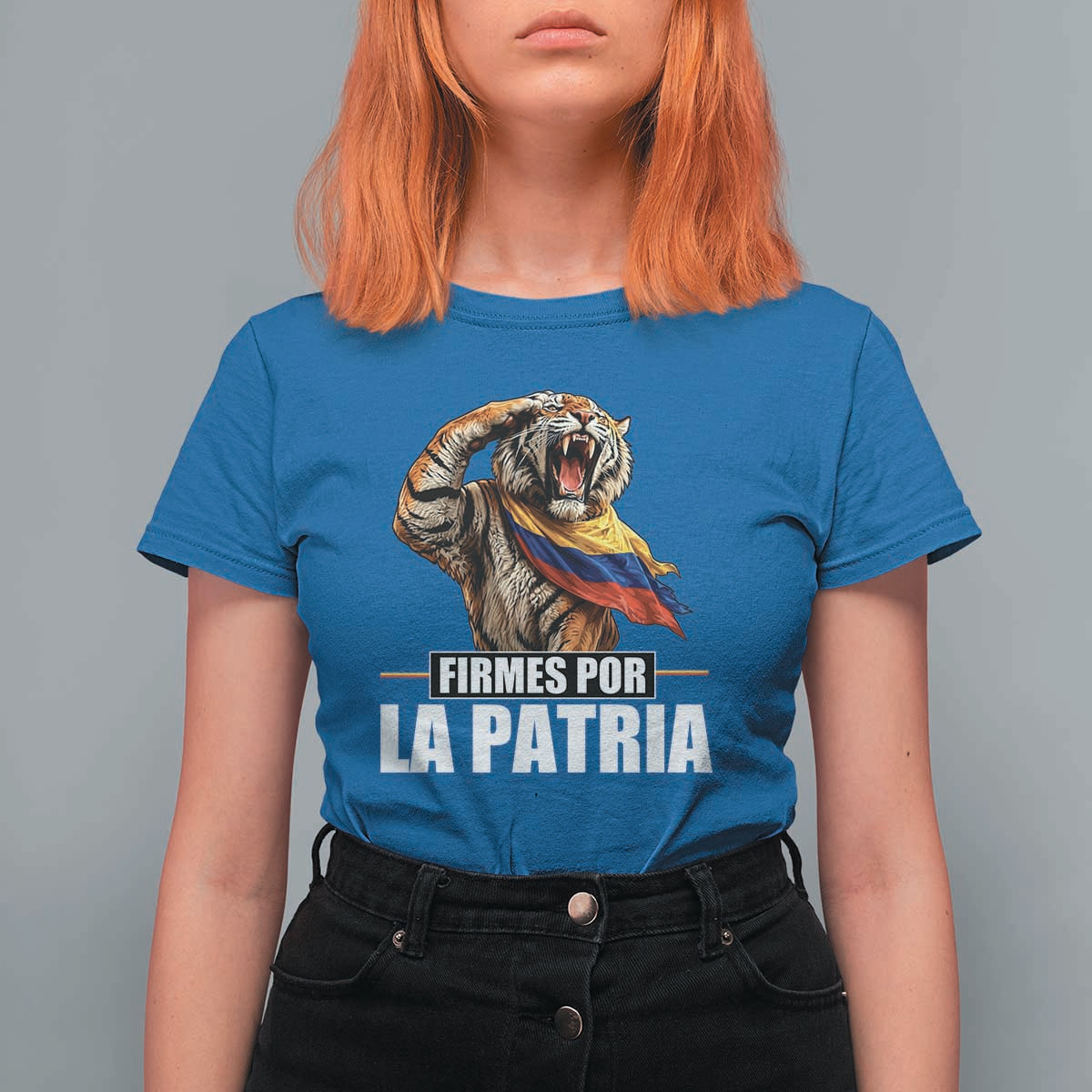 Firmes Por La Patria Colombian Pride T Shirt For Women Roaring Saluting Tiger Patriotic Colombia Heritage Flag