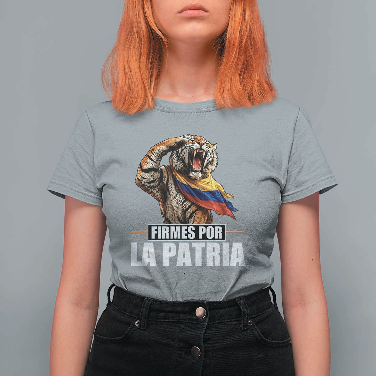 Firmes Por La Patria Colombian Pride T Shirt For Women Roaring Saluting Tiger Patriotic Colombia Heritage Flag