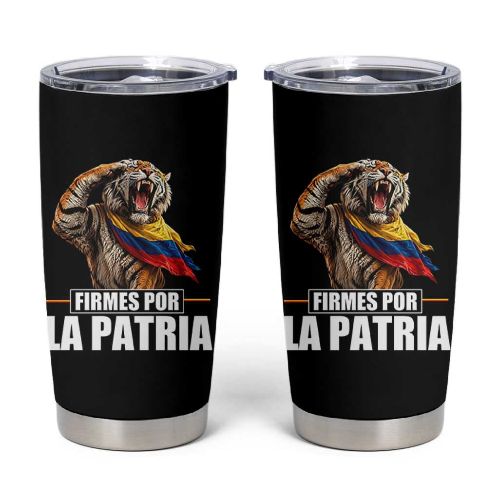 Firmes Por La Patria Colombian Pride Tumbler Cup Roaring Saluting Tiger Patriotic Colombia Heritage Flag