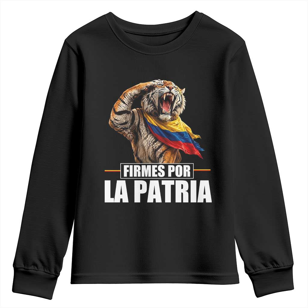 Firmes Por La Patria Colombian Pride Youth Sweatshirt Roaring Saluting Tiger Patriotic Colombia Heritage Flag
