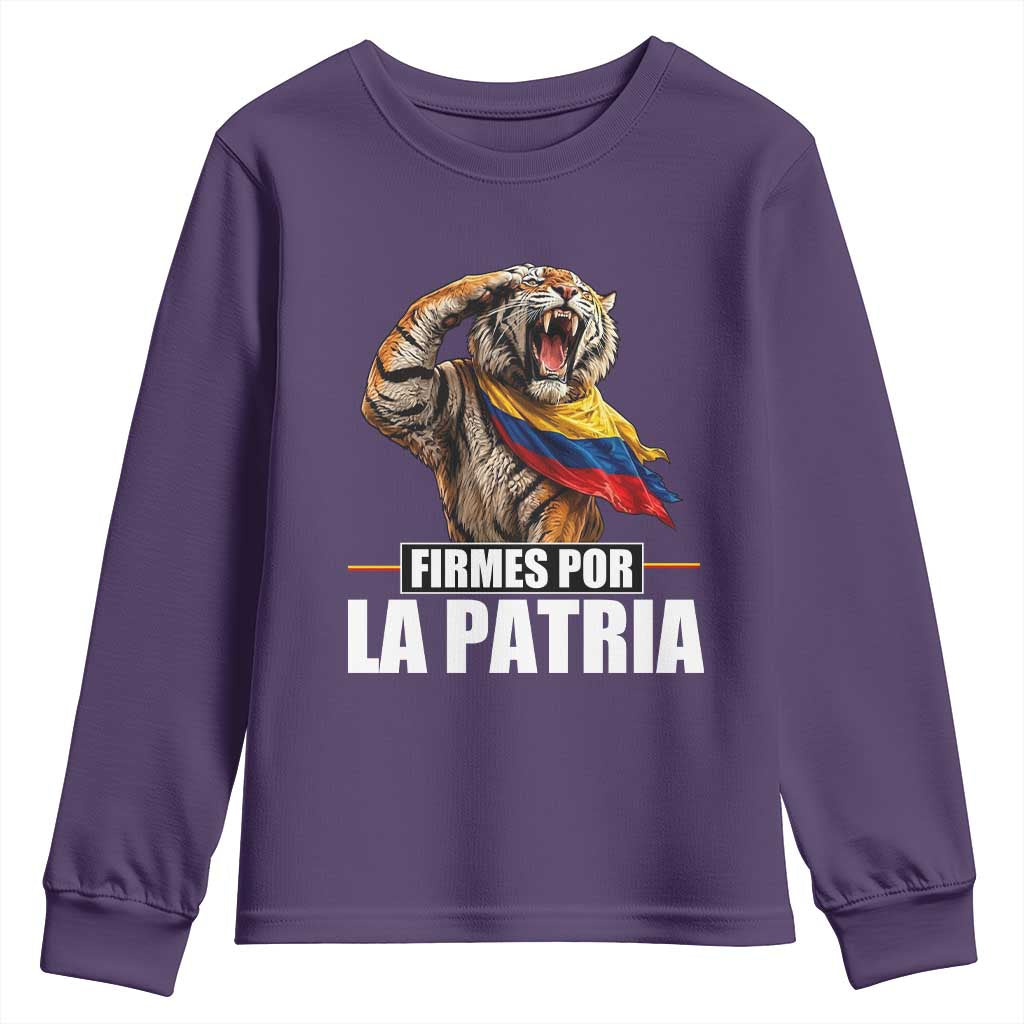 Firmes Por La Patria Colombian Pride Youth Sweatshirt Roaring Saluting Tiger Patriotic Colombia Heritage Flag