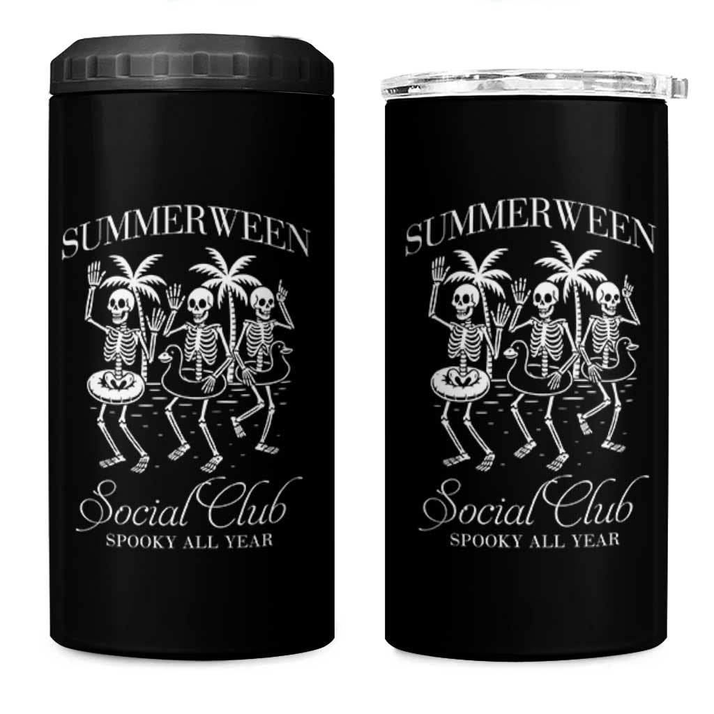 Summerween Social Club 4 in 1 Can Cooler Tumbler Spooky All Year Skeleton Summer Halloween Beach Party - Wonder Print Shop